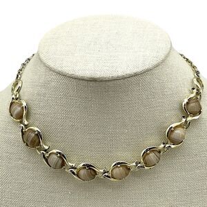 Vintage Gold Tone Link Necklace Cream Swirl Glass Cabochons Elegant Statement